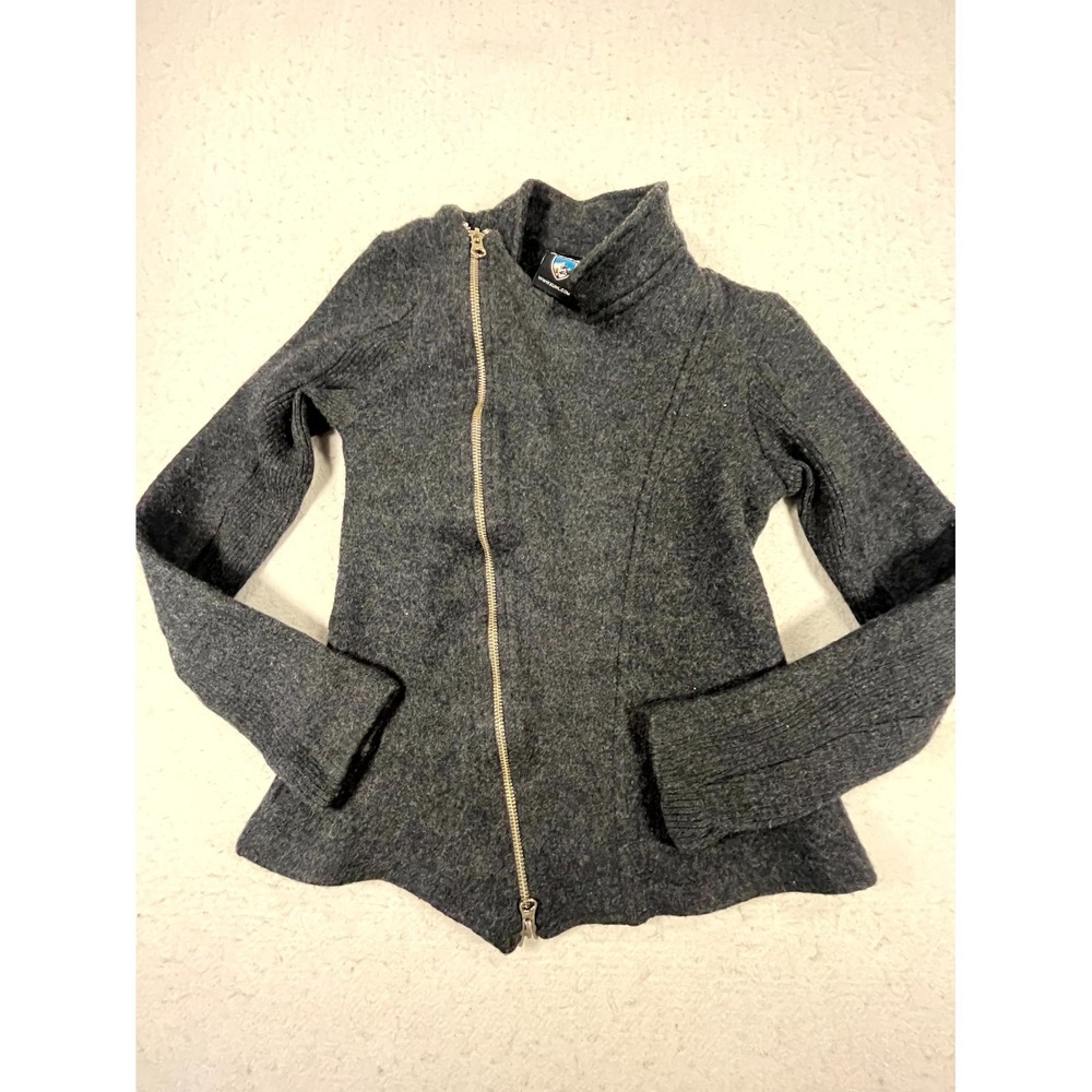 KUHL Jacket Womens Small Gray‎ Merino Wool Outdoor Sweater Logo Asymmetrical Zip